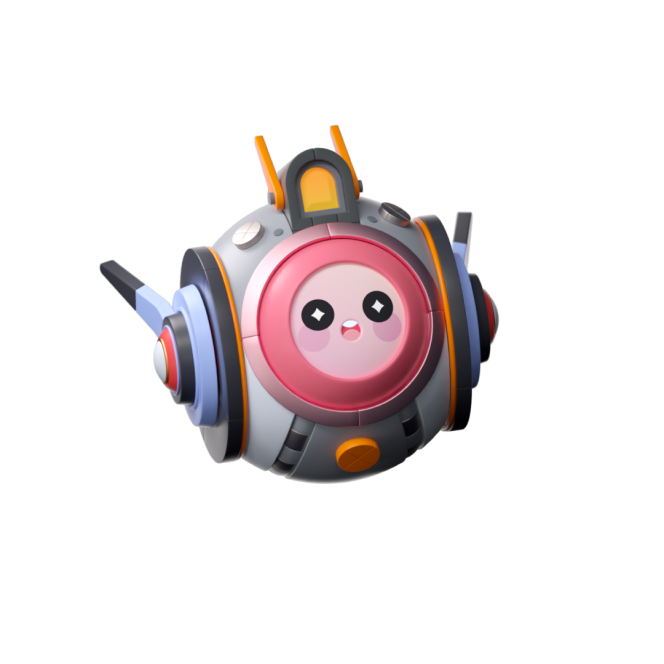 small pink bot, looking excited, floating around. 